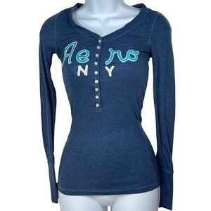 Aeropostale Womens XS Blue Ribbed Henley Long Sleeve Aero NY Embroidered Top y2k